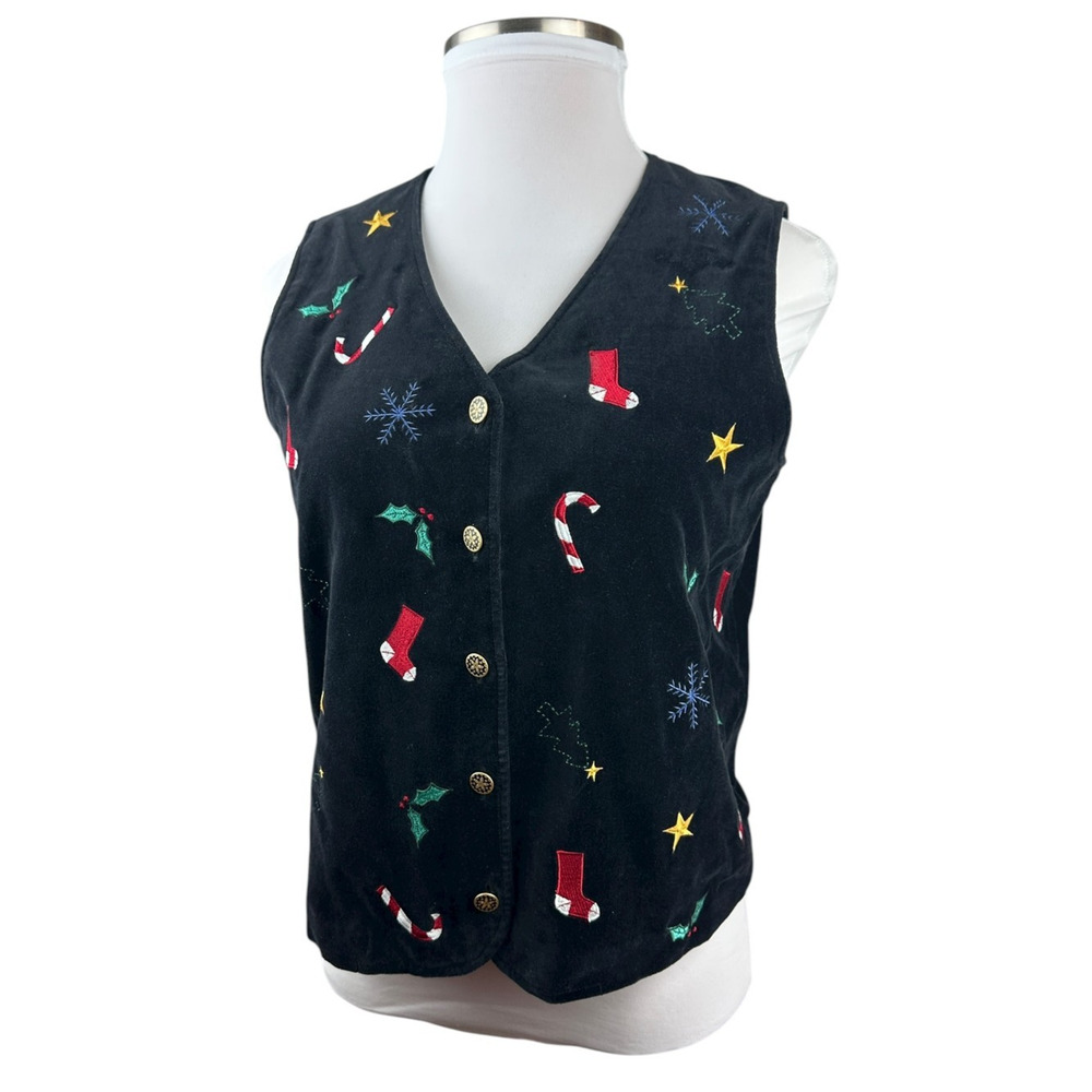 Talbots Christmas Themed Black Velvet Lined Button Up Vest Holiday Print Large - Picture 13 of 14